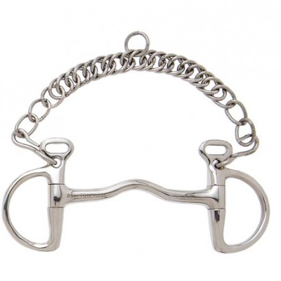 Freio metálico prateado para cavalo com corrente e argolas