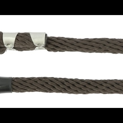 Corda trançada castanha com mosquetão metálico prateado.