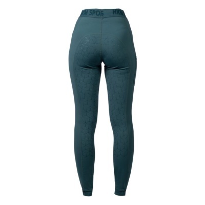 Leggings verde escuro com padrão geométrico e logotipo HKM SPORT na cintura