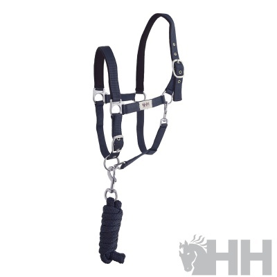 Cabresto e cabinho azul escuro para cavalo com fivelas metálicas e etiqueta HH