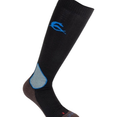 Meia desportiva comprida preta com detalhes castanhos e azuis