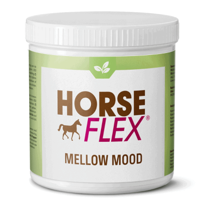 Frasco branco de suplemento Horse Flex Mellow Mood com rótulo branco e verde.