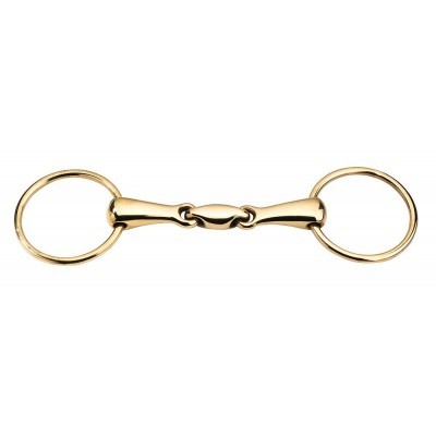 Freio simples para cavalo em metal dourado com duas argolas e peça central articulada