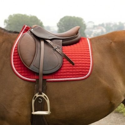 Sela de cavalo castanha com manta vermelha acolchoada num cavalo castanho