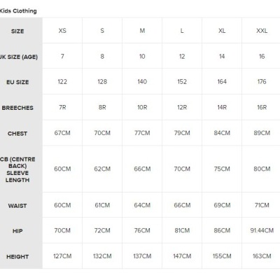 Tabela de tamanhos de roupa infantil com medidas em centímetros e idades UK.