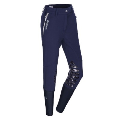 Calças de equitação azuis escuras com texto Horse Pilot e detalhes pretos
