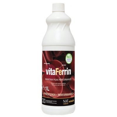 Frasco branco 1L vitaFerrin com rótulo vermelho escuro e texto