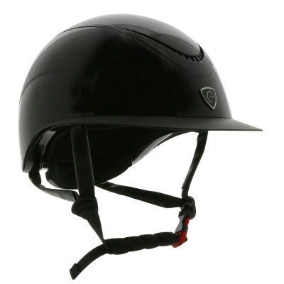 Capacete de equitação preto com tiras e fecho vermelho