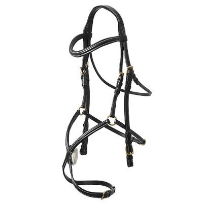 Cabresto de cavalo preto em couro com fivelas douradas