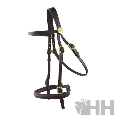 Cabresto de cavalo castanho em pele com fivelas douradas