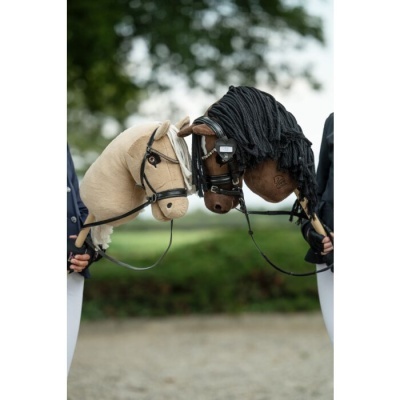 Cabeças de brinquedo tipo cavalo em pau castanha e bege com rédeas pretas ao ar livre