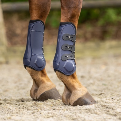 Proteções azuis para cascos de cavalo com fivelas pretas nas patas traseiras do cavalo