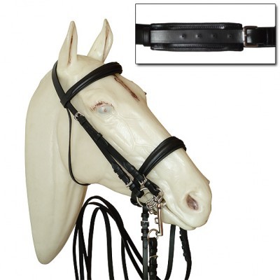 Cabeça de cavalo branca com cabresto preto de couro e detalhes metálicos