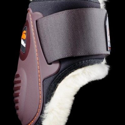 Protector para cavalo castanho com forro branco e tiras de velcro