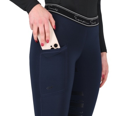 Leggings desportivas azuis com bolso lateral e texto no cós