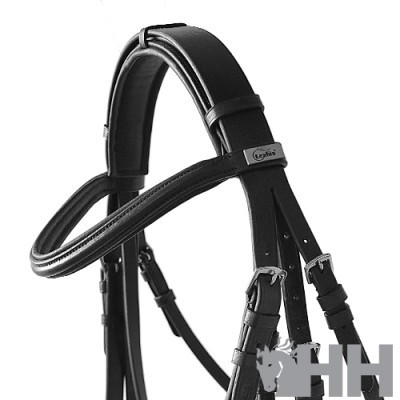 Cabeçada de cavalo em couro preto com fivela e etiqueta metálica Agatha