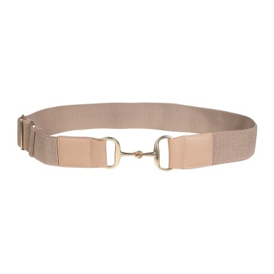 Cinto elástico bege com fivela dourada e detalhes em couro