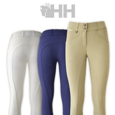 Três calças justas para equitação em branco, azul escuro e bege com logotipo HH ao fundo