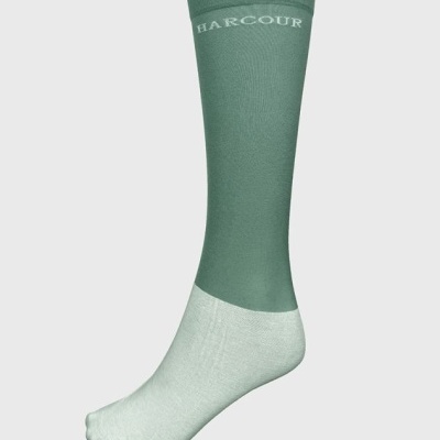 Meia bicolor verde e cinza claro com texto HARCOUR