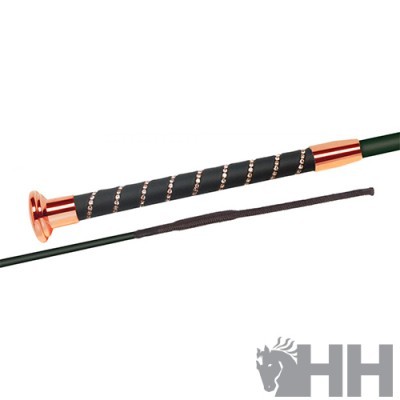 Cabo de cabresto preto com punho de metal cor de cobre e padrão espiral dourado