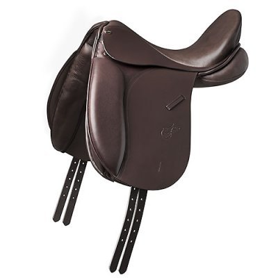 Sela de equitação castanha em couro com correias e fivelas