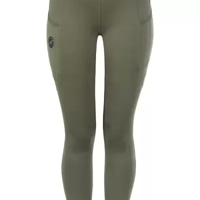 Leggings verdes com bolsos laterais e emblema preto.