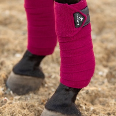 Pernas dianteiras de cavalo com proteções rosas LeMieux em areia