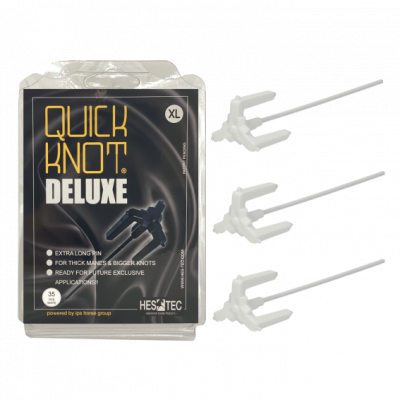 Embalagem Quick Knot Deluxe com três unidades brancas do produto ao lado