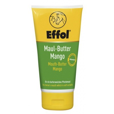Tubo amarelo e verde com texto Effol Maul-Butter Mango para uso em cavalo