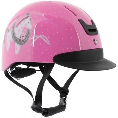 Capacete rosa com ferradura desenhada e viseira preta