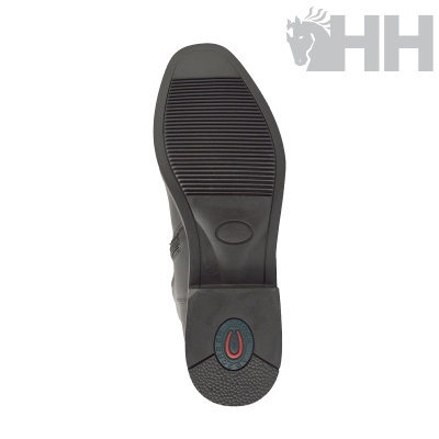 Sola preta de sapato com padrão listrado e detalhe oval azul e vermelho