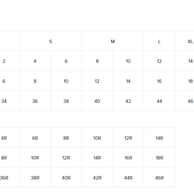 Tabela de tamanhos internacionais para roupa, incluindo Tops/Jackets e Show Coats (Regular) com tamanhos US, UK e EU.