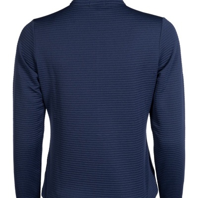 Casaco azul escuro de malha com textura, manga comprida e gola alta, visto de costas.