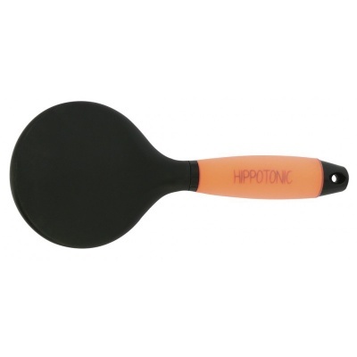 Espátula de cozinha com cabeça preta redonda e cabo laranja com texto