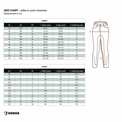 Tabela de tamanhos calças justas femininas e júnior Horka