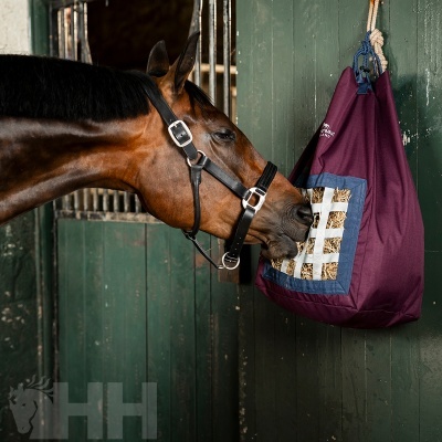 Saco de feno roxo pendurado com cavalo a comer feno