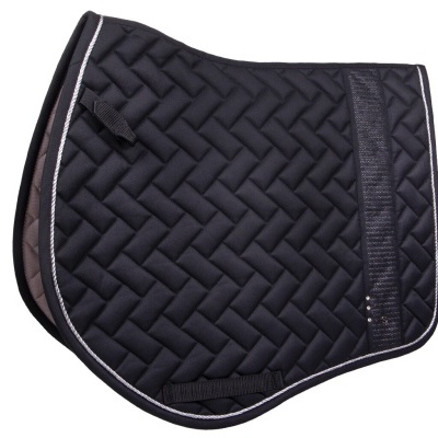 Sela de equitação preta com padrão acolchoado em ziguezague e borda branca