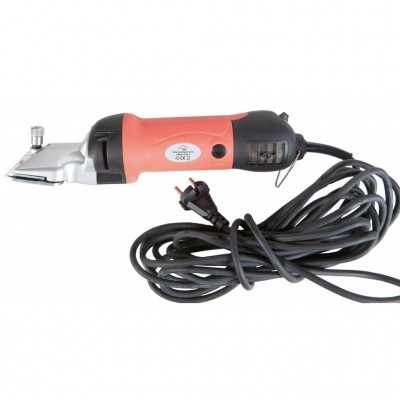 Máquina de tosquia elétrica vermelha e preta com cabo longo e lâmina metálica