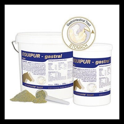 Dois baldes brancos de EQUIPUR - gastral com colher e pó ao lado e selo Gastrointestinal Tract STOMACH