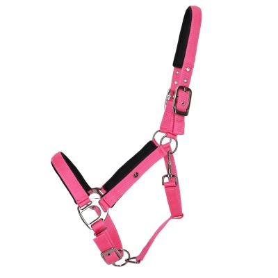 Cabresto para cavalo rosa com detalhes pretos e metálicos