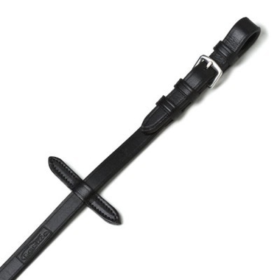 Correia preta em couro com fivela metálica prateada e presilha fixa