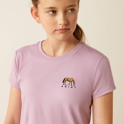 Camiseta lilás com bordado de cavalo e texto ARIAT