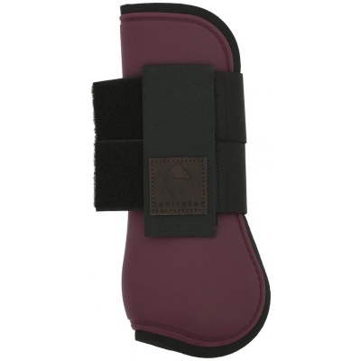 Protector para equitação roxo com tiras de velcro pretas e etiqueta em couro.