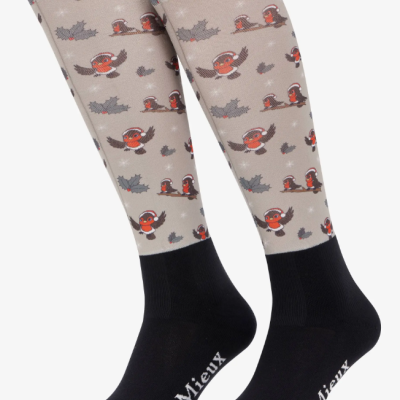 meias cano alto preto e bege com padrão de pássaros e folhas