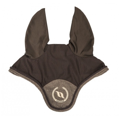 Capuz castanho para cavalo com orelhas e detalhe cinzento com logótipo branco