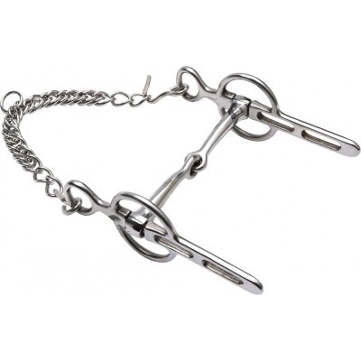 Freio de cavalo em metal prateado com corrente e argolas