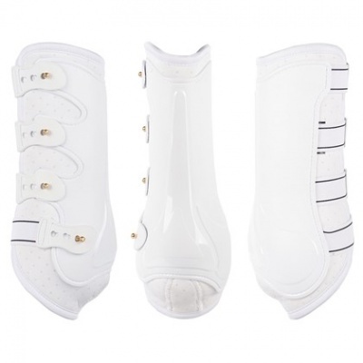 Proteções brancas para equitação com fechos de velcro e detalhes dourados