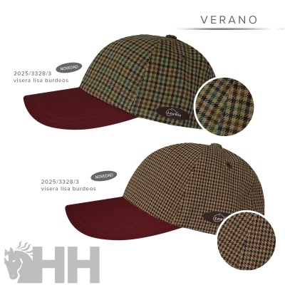 Dois bonés com pala burdeos e padrão xadrez, em fundo branco com texto