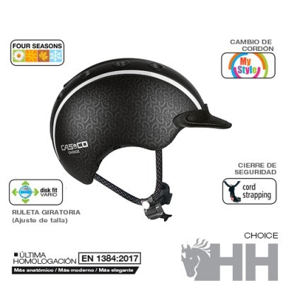 Capacete preto texturizado com fecho ajustável e etiquetas de características