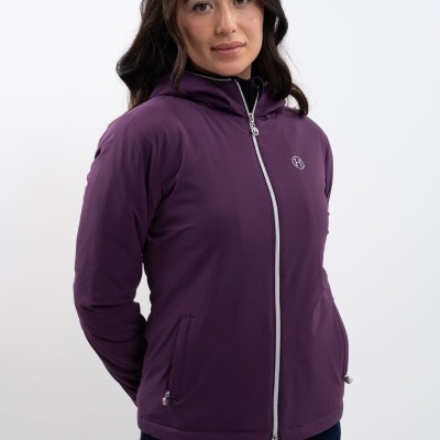 Casaco feminino roxo com fecho prateado e capuz